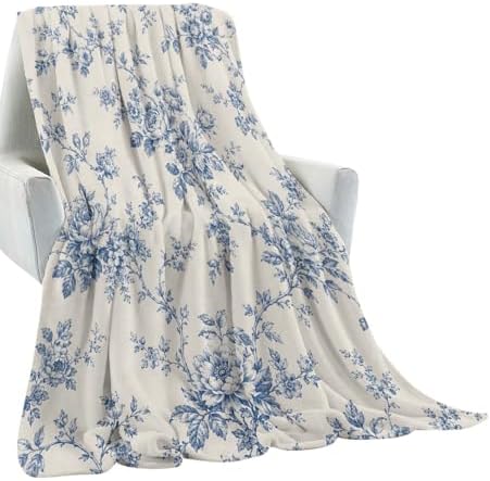 Vintage Floral Blanket,Blue White Blossom Flannel Throw Blankets Gifts for Elegant Room Accent Lovers,Soft Lightweight Decorative Cover for Couch Sofa Bedroom Travel,Home Accent,60×80 Inch