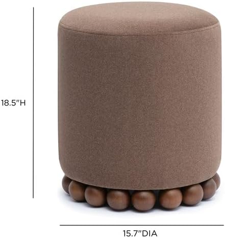 First of a Kind Brown Performance Vegan Mohair Ottoman, Plush Upholstered Accent Stool and Footrest with Foam-Padded Top and Solid Wood Orb Legs