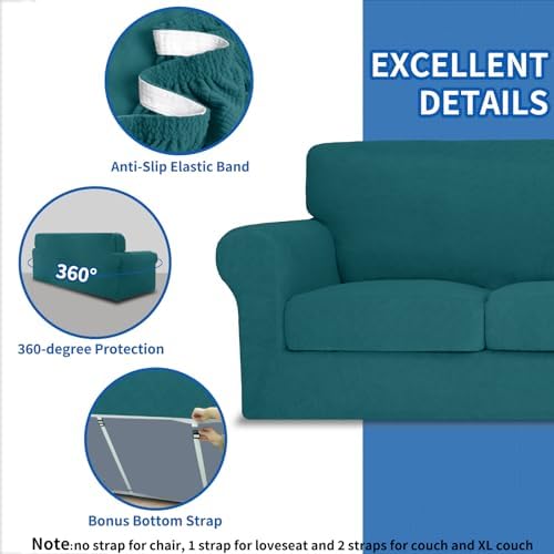 MAXIJIN 4 Piece Couch Covers for 3 Cushion Couch Sofa Covers, Stretch Couch Slipcovers for Sofas with 3 Cushions, Thick 3 Seat Furniture Protector for Dogs Pet (71"-91", Teal)