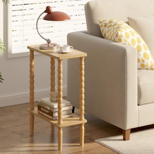 TUTOTAK Narrow Side Table with Solid Wood Legs, 2-Tier Small End Table
