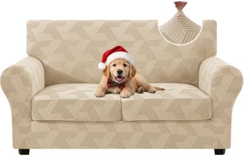 ZNSAYOTX 3 Piece Stretch Loveseat Covers (55"-71") New-Rectangle Texture, Thick Sofa Covers for 2 Cushion Couch Universal Sofa Slip Cover with Elastic Bottom & Buckle, Soft Protector Khaki