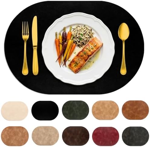 Oval Placemats Set of 12, Wipeable Faux Leather, Black