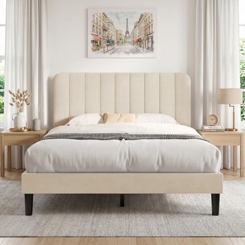 VECELO Full Size Bed Frame with Upholstered Headboard, Velvet Platform Bedframe Mattress Foundation, Strong Wood Slat Support, No Box Spring Needed,Bone Beige
