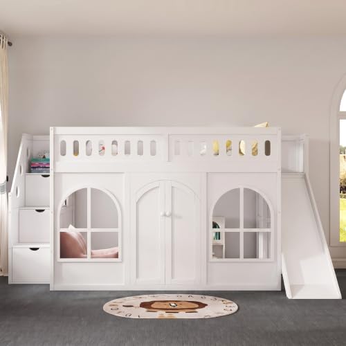 SOFTSEA Twin Size Loft Bed with Slide, Storage Stairs and Wardrobe, White