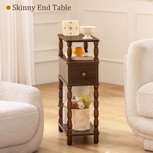MaxSmeo Narrow Side Table, Small Nightstand with Drawer, Skinny End Table with Storage for Small Spaces, Bedroom, Living Room (Walnut Brown)
