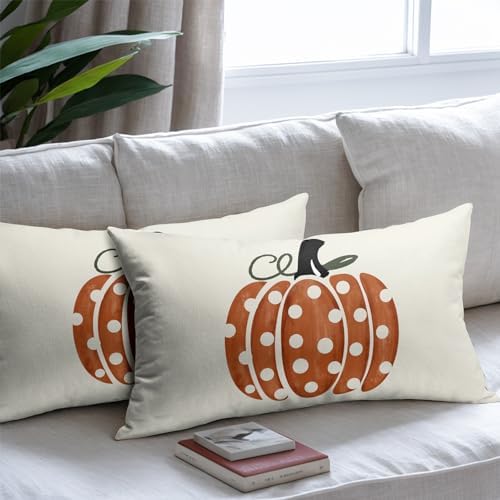 Fall Pumpkin Throw Pillow Cover 20X12 Inch Set of 2 Autumn Orange Pumpkin Outdoor Pillow Cases Polka Dot Beige Thanksgiving Farmhouse Lumbar Cushion Covers for Sofa Couch Porch Patio Home Decor