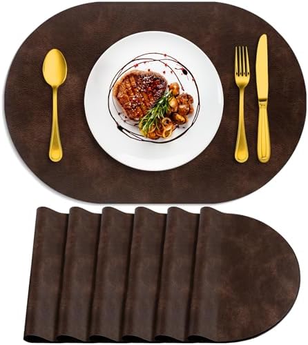 ADRIMER Oval Placemats Set of 6, Wipeable Faux Leather, Coffee