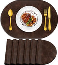 ADRIMER Oval Placemats Set of 6, Wipeable Faux Leather, Coffee