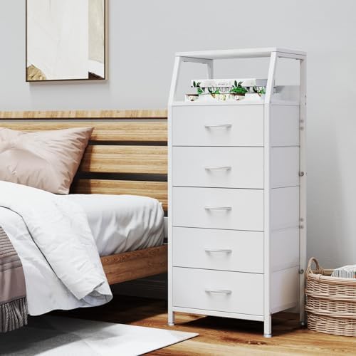 5 Drawers White Tall Fabric Dresser for Bedroom, Dorm Nightstand
