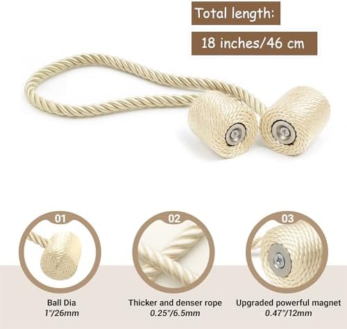 Hion Magnetic Curtain Tiebacks Beige 4pcs, Curtain Holdbacks Hooks Holders