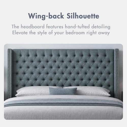 Madison Park King Wingback Upholstered Tufted Headboard, Featuring High-Density Sponge Padding, Adjustable Height Headboard, Easy Assembly, Dark Grey Woven