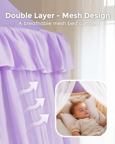 little dove Bed Canopy for Girls with Star Lights, 25.6''x 106'', Purple