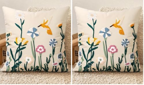Embroidered Throw Pillow Cover 18x18 Inch - Spring Summer Boho Decorative Pillow Cover with Zipper for Living Room Couch Sofa Bed Aesthetic Design Flower Bird Cushion Pillowcase (Pack of 2)