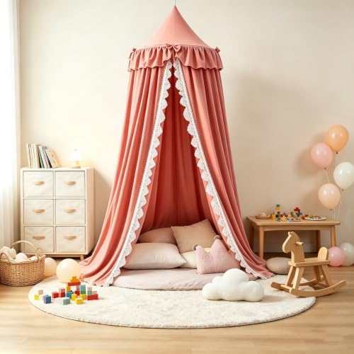 Kertnic Lace & Bow Decor Princess Canopy for Girls Bed, Soft Ruffled Playing Tent Canopy Room Decoration Castle, Reading Nook Canopies in Home (Red Bean)
