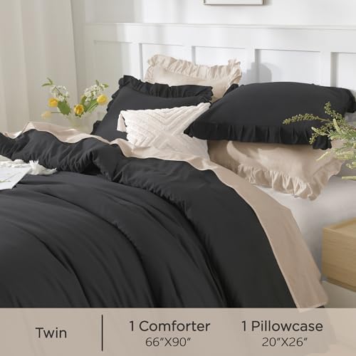 Andency Black Ruffle Comforter Twin Size, 2 Pieces Soft Bed Set