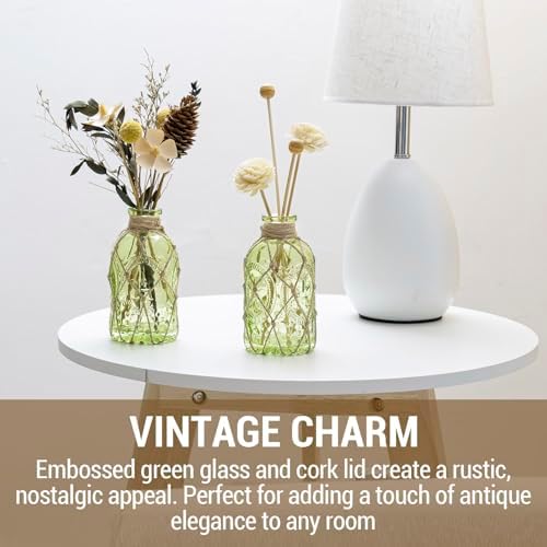 MyGift Set of 2 Vintage Embossed Green Glass Reed Diffuser Bottles with Cork Lids – Decorative Small Flower Bud Vases for Home Fragrance & Tabletop Decor