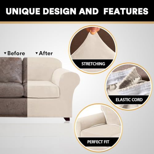 PrinceDeco Velvet Plush Couch Cover Stretch 2 Piece Chair Cover Chair Slipcover Washable Furniture Protector Couch Soft with Elastic Bottom Armchair Cover Width Up to 49 Inch(Small, Ivory)