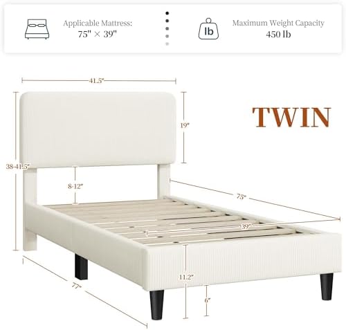 Yaheetech Twin Bed Frame, Adjustable Chenille Upholstered Headboard, Beige