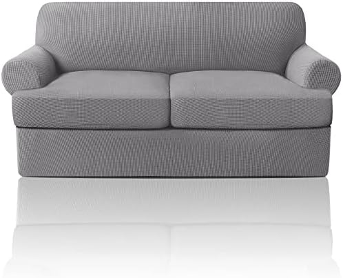 PrinceDeco T Cushion Loveseat Slipcover 3 Pieces Sofa Covers for T Cushion Sofa Stretch Slip Covers for 2 Cushion Couch with 2 Individual T Shape Seat Covers Width Up to 76"- Washable, Dove