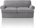 PrinceDeco T Cushion Loveseat Slipcover 3 Pieces Sofa Covers for T Cushion Sofa Stretch Slip Covers for 2 Cushion Couch with 2 Individual T Shape Seat Covers Width Up to 76"- Washable, Dove