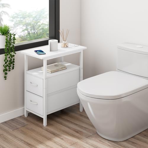 Vagusicc White End Table with Charging Station, Narrow Side Table, 23.8'' Tall Nightstand with 2 Fabric Drawers, Small Sofa Side Table Narrow Nightstand for Small Spaces, Bedroom, Bedsise Table, White