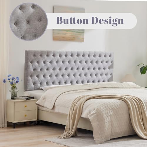 Kingfun Upholstered Queen Headboard Only, Premium Linen Button Tufted Headboards, Adjustable Solid Wood Head Board, Padded Headboard with Solid Wood Legs in Bedroom (Grey)