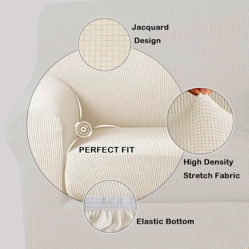 Turquoize Stretch Sofa Slipcover 2 Pieces Sofa Cover Couch Cover for 3 Cushion Couch Washable Furniture Protector Covers with Elastic Bottom Feature Thick Jacquard Fabric (Sofa, Cream)