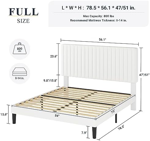 Allewie Full Bed Frame, Velvet Upholstered Platform Bed with Adjustable Vertical Channel Tufted Headboard, Mattress Foundation with Strong Wooden Slats, Box Spring Optional, Easy Assembly, Off-White
