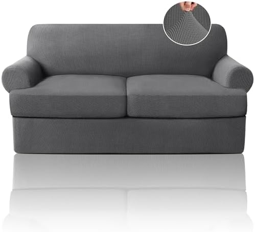 PrinceDeco T Cushion Loveseat Slipcover 3 Pieces Sofa Covers for T Cushion Sofa Stretch Sofa Covers for 2 Cushion Couch with 2 Individual T Shape Seat Covers Width Up to 76"- Washable, Grey