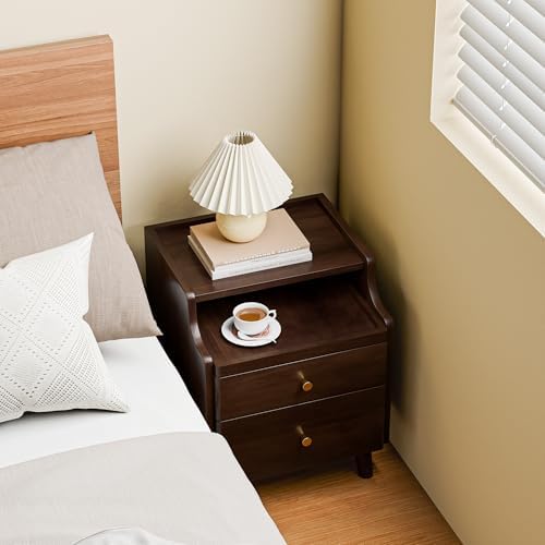 Nightstand with Drawers, Pre-Assembled, 19.7" H Natural Solid Wood Night Stand with Open Sliding Shelf, Mid Century Modern Small Bedside Table Cabinet for Bedroom, Black Walnut 16"