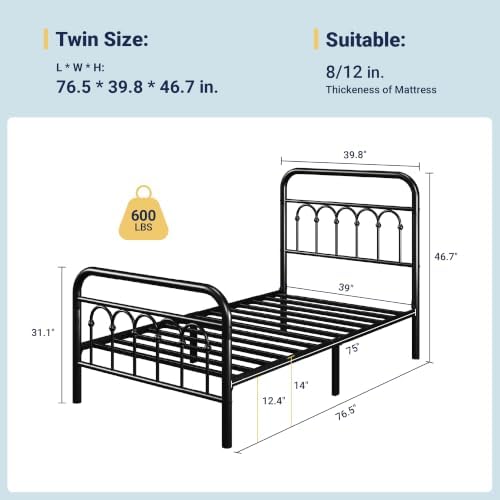 Allewie Twin Size Metal Platform Bed Frame with Headboard, Black