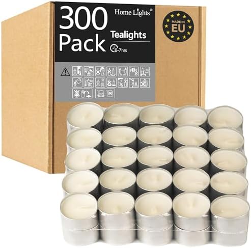 HomeLights Unscented White Tealight Candles -300 Packs, 6 to 7 Hour Burn Time Smokeless, Mini Votive Paraffin Candles with Cotton Wicks for Shabbat, Weddings, Christmas