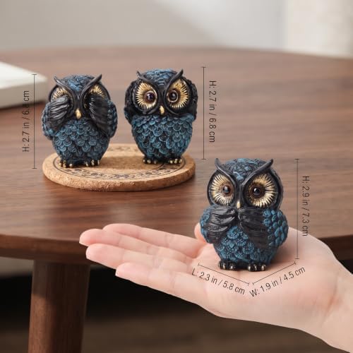 3 Wise Owl Statues Set for Bird Lovers Sapphire Blue Shelf Decor