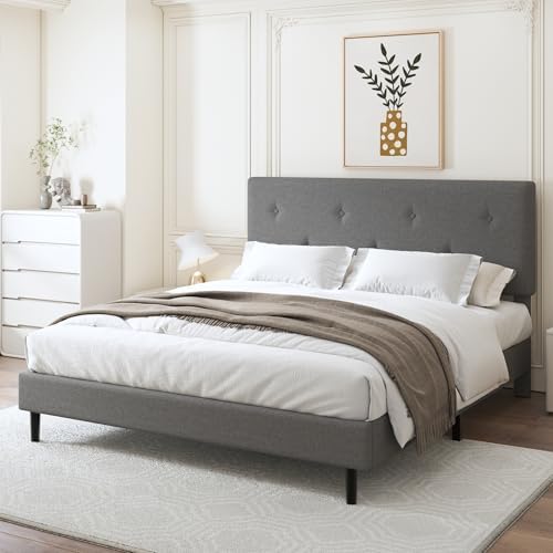 King Size Linen Bed Frame with Adjustable Headboard Grey