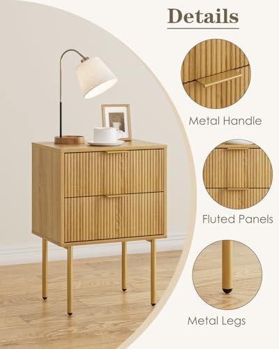 Aienvey Nightstand with 2 Drawers, Oak Stripe Night Stand and Gold Frame