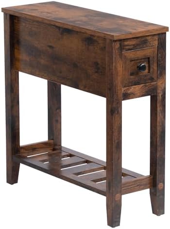 Brown Chairside Narrow End Table, Solid Wood Recliner Side Table with Drawer, Slim Nightstand Bedside Table for Living Room Bedroom