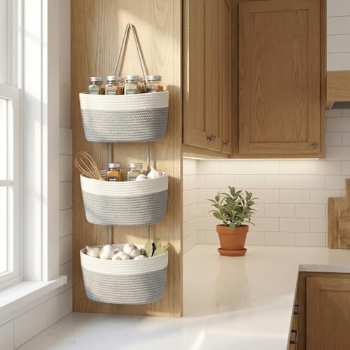 Hanging Basket, Over Door Organizer, 3 -Tier Wall Basket with Hooks
