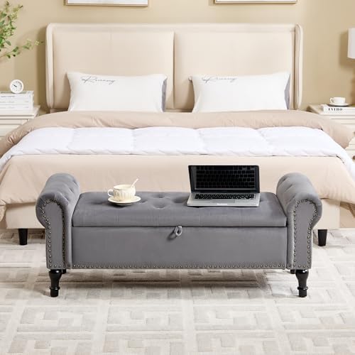51" Storage Bench for Bedroom, Velvet End of Bed Bench, Queen Size Bench with Rolled Arms, Tufted Storage Ottoman Benches, Upholstered Bench for Bedroom, Living Room, Entryway, Grey