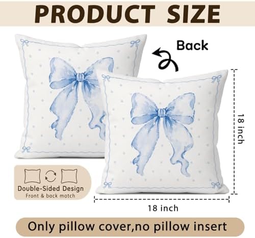 Blue Bow Pillow Cover 18x18, Dorm Decor for College Girls