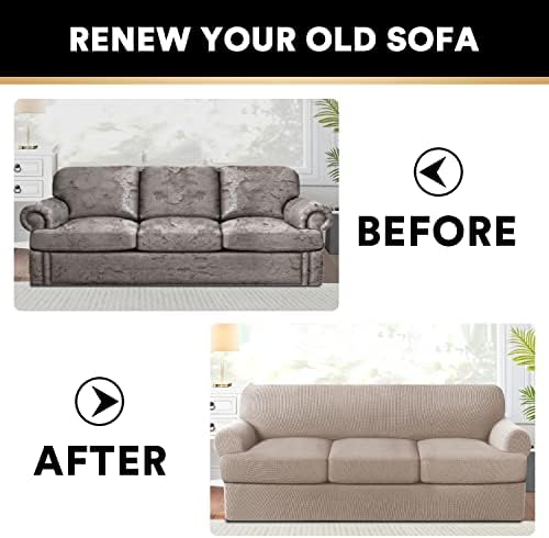 PrinceDeco T Cushion Sofa Slipcover 4 Pieces Sofa Covers for T Cushion Couch Soft Sofa Slip Covers Furniture Protector with 3 Individual T Shape Seat Covers Width Up to 88 Inch, Sand