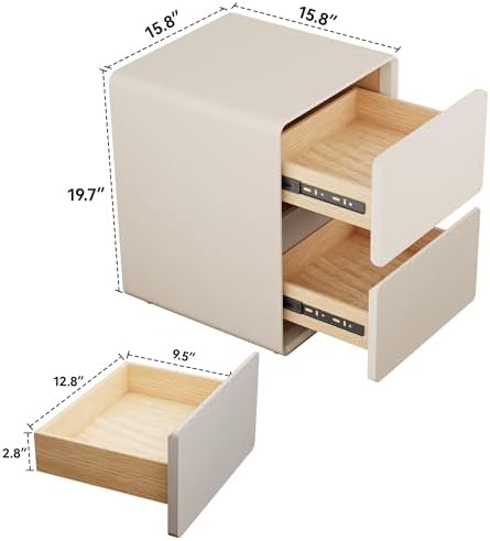 15.8" W Faux Leather Narrow Nightstand, Fully-Assembled Bedside Table with 2 Drawers, Wood Night Stand Small Accent End Table & Side Table for Bedroom, Cream White
