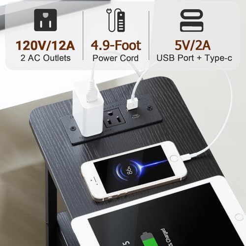 LOAKEKEL Narrow End Table with Charging Station, Small Nightstand