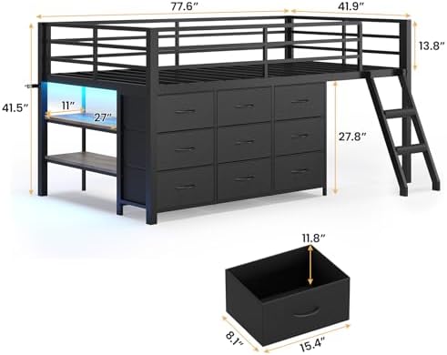 Low Loft Bed Twin Size with 9 Storage Drawers, LED Lights Loft Bed