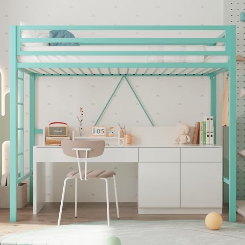 Allewie Metal Loft Bed Twin Size with Guardrail and Ladder,Green
