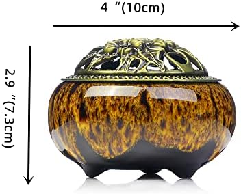 Incense Burner with Calabash Incense Stick Holder - Porcelain Charcoal Censer for Use with Resin Granular Powder Cone or Coil Incense (Kiln-Colored Yellow)