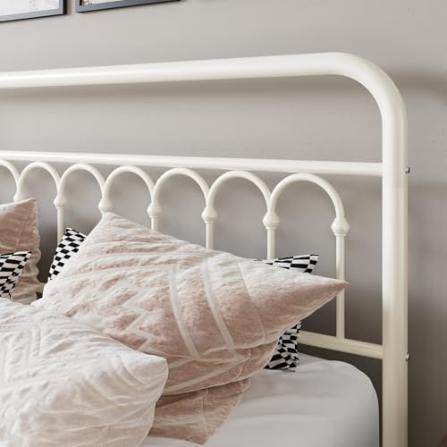 Allewie King Size Metal Platform Bed Frame with Headboard, Cream