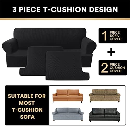 PrinceDeco T Cushion Loveseat Slipcover 3 Pieces Sofa Covers for T Cushion Sofa Stretch Slip Covers for 2 Cushion Couch with 2 Individual T Shape Seat Covers Width Up to 72"- Washable, Black