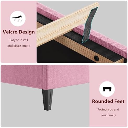 King Bed Frame with Adjustable Headboard, Upholstered Bed Frame, Pink