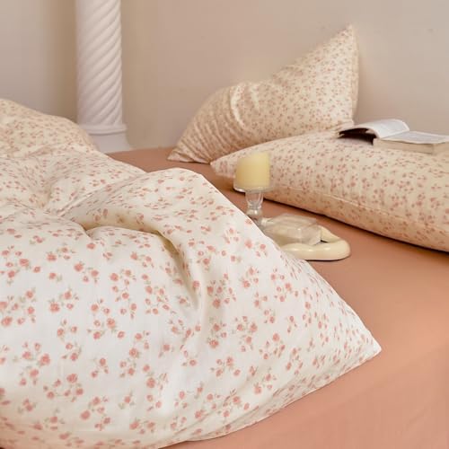 LifeTB Vintage Floral Duvet Cover Set King, Soft Muslin Cotton Coquette Duvet Cover with 2 Pillowcases, Aesthetic Cottagecore Flower Comforter Cover, Lightweight Gauze Bedding Set for Girls Women