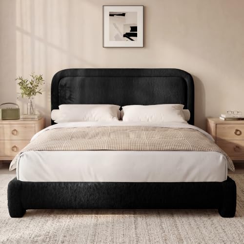 Vipbear Boucle King Size Bed Frame with Adjustable Headboard, Upholstered Cloud Platform Bed Frame with Wood Slats, Noise-Free King Bed, No Box Spring Required, Easy Assembly, Black